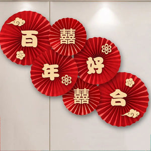 Red Paper Fan Sign Hanging Banner | Chinese Vietnamese Wedding - 6 Pc Set