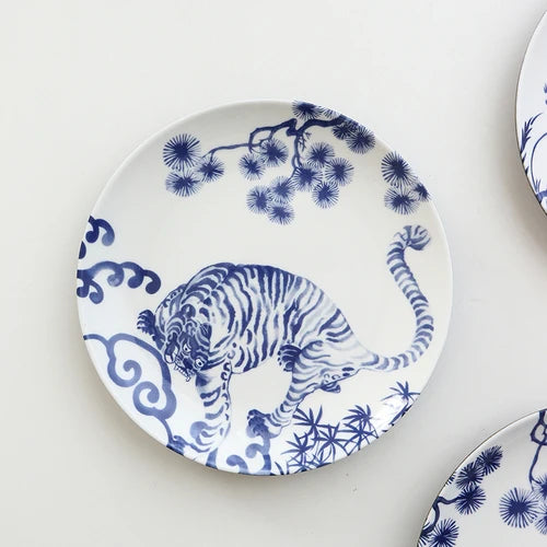 Tiger Blue and White Plates | Chinese Ceramic Auspicious Animal Dinner Display - 1 Pc