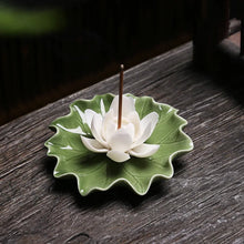 Load image into Gallery viewer, White Lotus Green Leaf Incense Holder | Ceramic Floral Burner Tray - 1 Pc