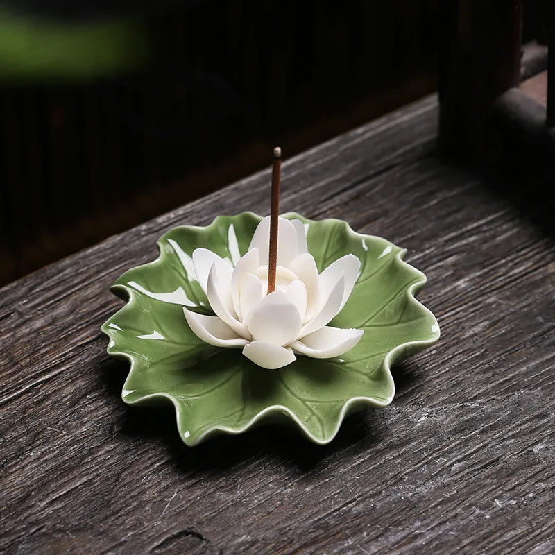 White Lotus Green Leaf Incense Holder | Ceramic Floral Burner Tray - 1 Pc