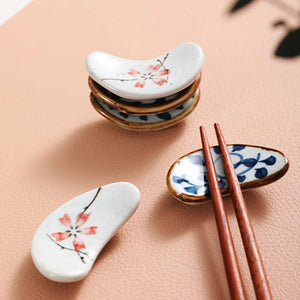 Crescent Chopstick Rest | Pink & Blue Sakura Ceramic Flatware Holder - 1 Pc