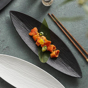 Leaf Shape Sushi Plates | Black White Luxury Japanese Ceramic Serving Trays - 1 Pc