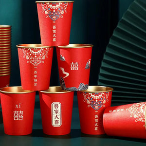 Red Chinese Wedding Paper Cups | Gold Disposable Tea Ceremony Cup - 50 Pcs