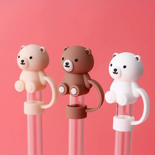 Cute Brown Bear Straw Toppers | Silicone Cover Tumblr Cap - 1 Pc