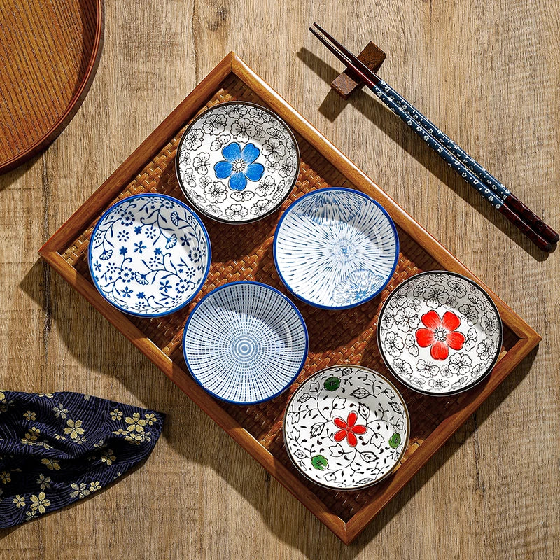 Blue & White Ceramic Soy Sauce Dish | Japanese Small Dipping Bowl - 6 PC Set