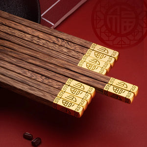 Premium Gold Fortune Wood Luxury Chinese Chopsticks - 5/10 Pair Set