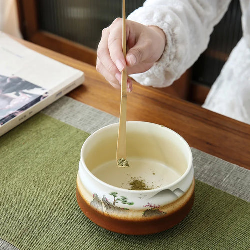 Brown & White Matcha Bowl Chawan | Japanese Landscape Tea Ceramic - 1 Pc