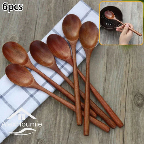 Long Handle Wooden Asian Soup Spoons | Chinese Tableware - 6 Pc set