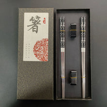 Load image into Gallery viewer, Black &amp; Silver Floral Korean Metal Stainless Steel Chopsticks with Holders| 2/3/5 Pairs