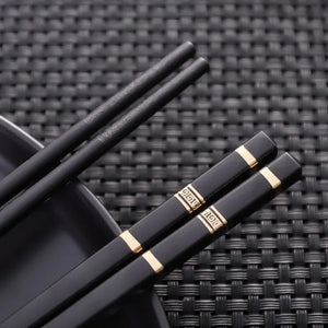 Black Metal with Gold Accent Non-Slip Luxury Chopsticks - 10 Pair Set