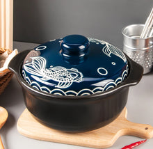 Load image into Gallery viewer, Large Blue Koi Donabe Pot | Black Ceramic Japanese Cookware - 1 Set