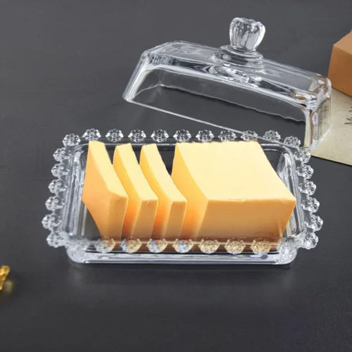 Glass Butter Dish | Cute Rectangular Storage with Heart Crown Lid - 1 Set