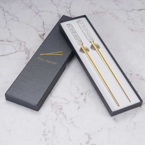 Rhinestone Metal Chopsticks with Box | Gold Silver Luxury Stainless Steel Gift - 1 Pair Set