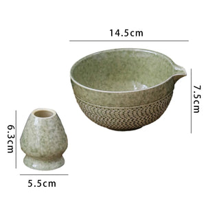 Green Matcha Bowl Chawan with Spout and Whisk Holder | Japanese Tea Ceramic Bowls - 2 Pc Set