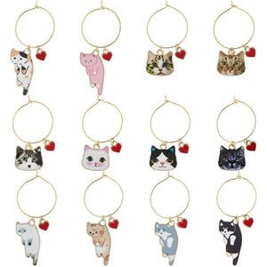 Cute Cat Wine Glass Charms | Cup Rings Drink Markers - 12 Pc Set