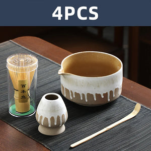 Blue Rustic Japanese Matcha Set with Ceramic Bowl | Bamboo Tea Whisk - 4 Pc
