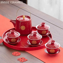 Load image into Gallery viewer, Red Chinese Tea Ceremony Set with Tray | Ceramic Wedding Teapot + Gaiwan Sets