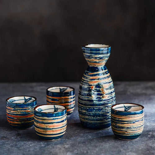 Blue Stripes Artisan Japanese Sake Set | Hand-Painted Ceramic Tokkuri Bottle and Ochoko Cups
