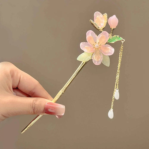 Large Pink Bloom Cute Hair Sticks | Chinese Gold Plated Metal Pin - 1 Pc