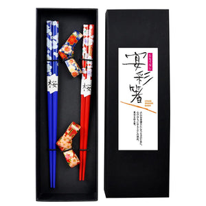 Red & Blue Sakura Chopsticks Gift Set | Bold Japanese Utensils with Chopstick Rests - 2-pair set