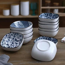 Load image into Gallery viewer, Blue &amp; White Rounded Ceramic Japanese Square Soy Sauce Dishes - 4/6 Pc Sets