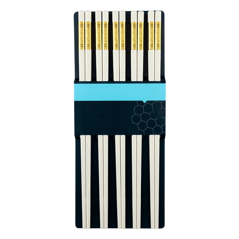 Elegant White & Gold Metal Alloy Reusable Tableware Chopsticks | 5 Pair Set