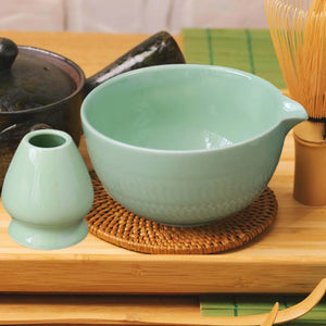 Green Matcha Bowl Chawan with Spout and Whisk Holder | Japanese Tea Ceramic Bowls - 2 Pc Set