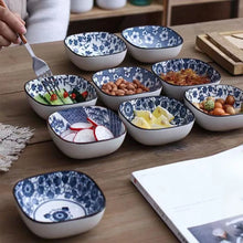 Load image into Gallery viewer, Blue &amp; White Rounded Ceramic Japanese Square Soy Sauce Dishes - 4/6 Pc Sets