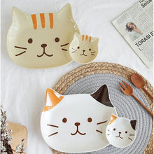 Load image into Gallery viewer, Cute Cat Plates | Large Ceramic Japanese Kitty Plate with Side Sauce Dish - 1 Pc