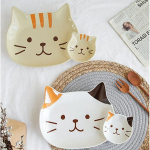 Cute Cat Plates | Large Ceramic Japanese Kitty Plate with Side Sauce Dish - 1 Pc