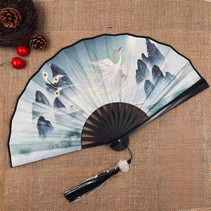 White Phoenix Bird Silk Chinese Fan | Traditional Bamboo Folding Fan - 1 Pc