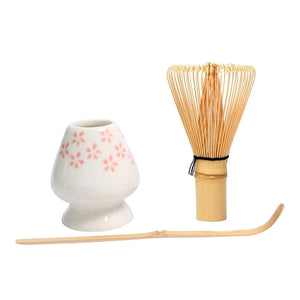 Pink Cherry Blossom Matcha Tool Set | Bamboo Whisk, Tea Scoop, and Holder - 3 Pc