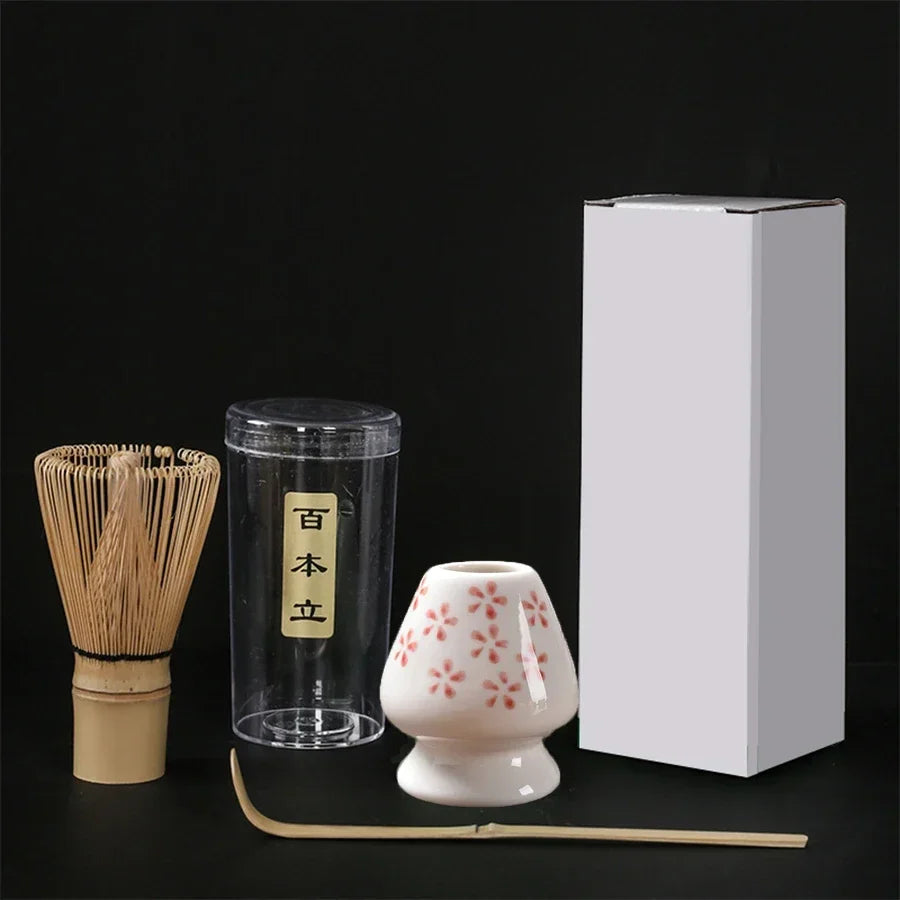 Pink Cherry Blossom Matcha Tool Set | Bamboo Whisk, Tea Scoop, and Holder - 3 Pc