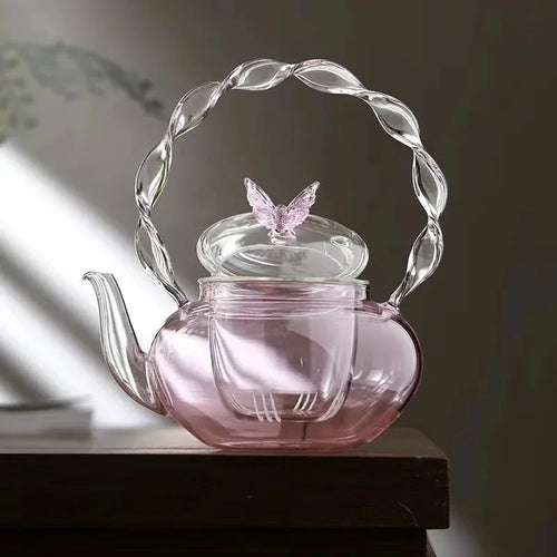 Cute Pink Butterfly Glass Teapot | Kawaii Kettle with Infuser - 1 Pc