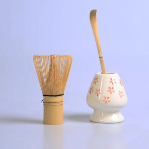 Pink Cherry Blossom Matcha Tool Set | Bamboo Whisk, Tea Scoop, and Holder - 3 Pc