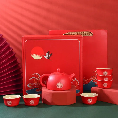 Chinese Wedding Red Ceramic Tea Set | Red Vietnamese Ceremony Porcelain Pot Cup
