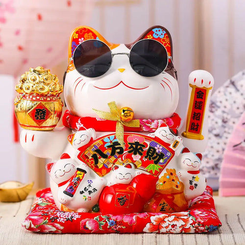 Lucky Cat Ceramic Display | Large Fortune Decoration Electric Wave Hand - 1 Pc