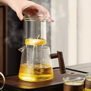 Glass Teapot with Spout and Wooden Handle | Matching Cup - 1 Set