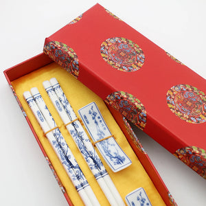 Blue & White Ceramic Chinese Chopsticks Set with Gift Box - 1 Set