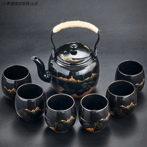 Blue & Gold Glaze Chinese Tea Set | 1 Teapot 6 Tea Cups