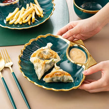 Load image into Gallery viewer, Shell Japanese Sushi Plates | Gold Luxury Ceramic Serving Plate with Sauce Holder - 1 Pc