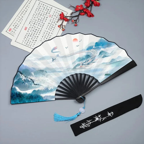 Mythical Blue Dragon Chinese Hand Fans with Tassel and Case - 1 Pc