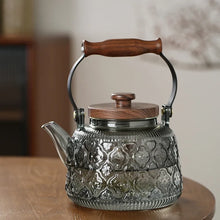 Load image into Gallery viewer, Walnut Handle Glass Teapot on Stove | High Borosilicate Tea Infuser Kettle