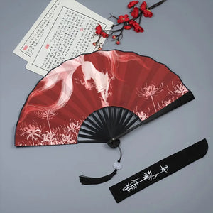 White Fox Red Chinese Fan | Folding Handheld Silk Cloth - 1 Pc