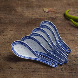 Traditional Blue and White Ceramic Pattern Chinese Soup Spoon for Porridge | 5pcs