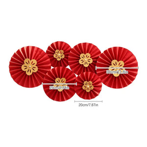 Red Hanging Paper Fan | Chinese Vietnamese Wedding Decor - 6 Pc