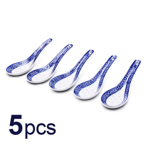 Traditional China Asian Soup Spoons | Blue & White Chinese Porcelain - 5 PC Set