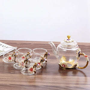 Daisy Enamel Glass Tea Pot Set | Gold Floral 6 Cups Gift - 7 Pc