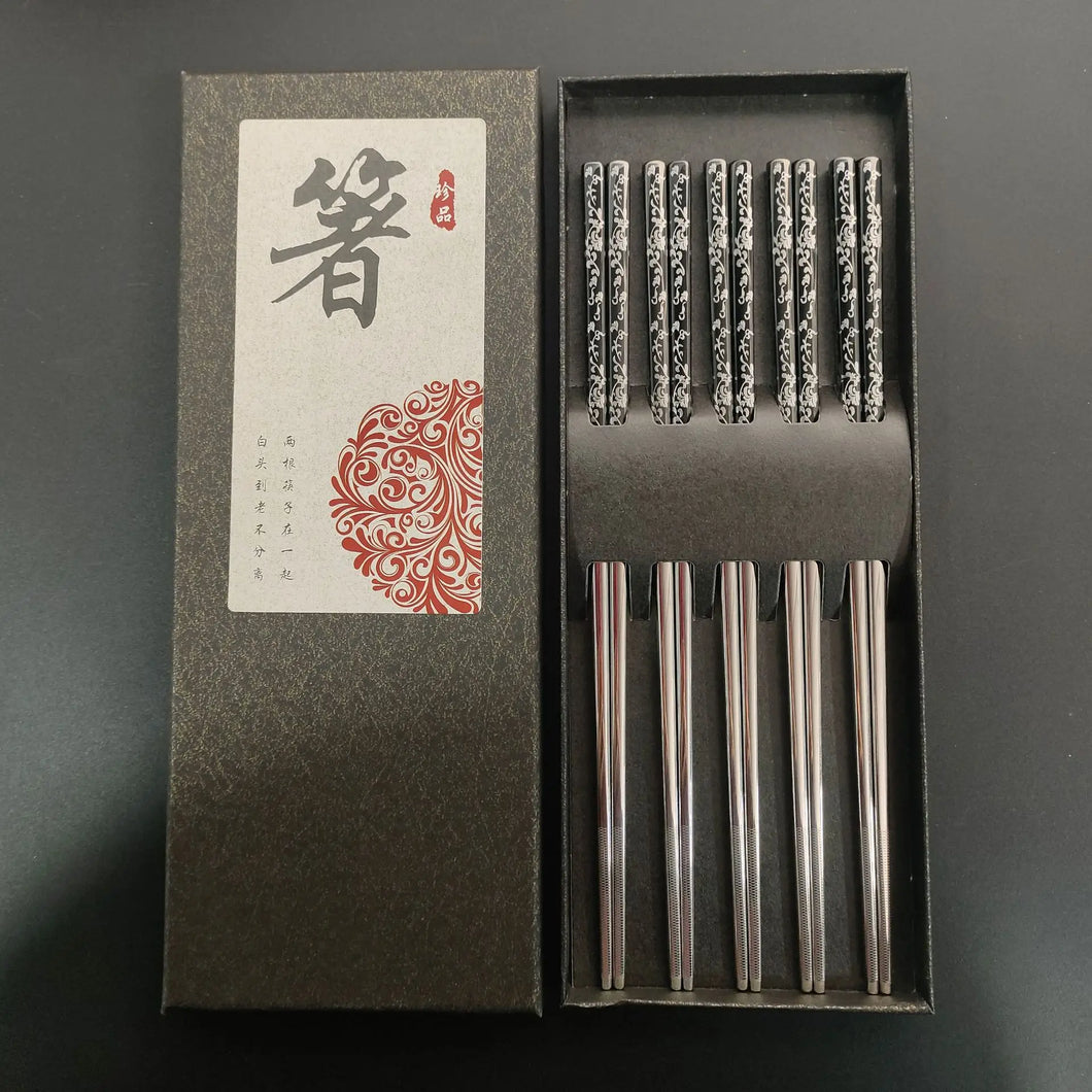Black & Silver Floral Korean Metal Stainless Steel Chopsticks with Holders| 2/3/5 Pairs