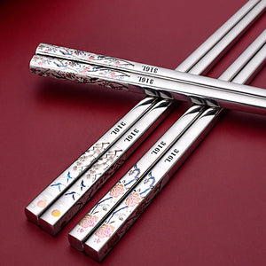 Floral Metal Chopsticks | Chinese Korean Titanium-Plated Stainless Steel - 1 Pc